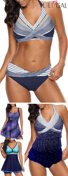 cute navy blue swimsutis for women, high waist bikinis, polka dot print halter swimsuit, comfy tankini swimwear. #freeshipping worldwide and easy returns, #coupons $4 off over $56, $7 off over $80, code: liligal2019. #liligal #swimwear #swimsuit High Waist Bikinis, Tankini Swimwear, Summer Bathing Suits, Blue Swimwear, Halter Swimsuit, Swimwear Tankini, Vintage Swimsuits, Blue Swimsuit, Plus Size Swimsuits