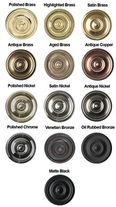 an image of different types of metal knobs and covers in various colors, sizes and shapes