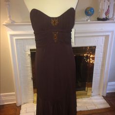 Badgley Mischka Brown Cocktail Dress Size 10 $595 Bin 12 Cocktail Maxi Dress With Embellished Fitted Bodice, Cocktail Embellished Maxi Dress With Fitted Bodice, Elegant Strapless Mother Of The Bride Dress Formal, Elegant A-line Cocktail Dress For Mother Of The Bride, Elegant A-line Mother Of The Bride Cocktail Dress, Elegant Maxi Dress For Holiday Evenings, Brown Party Dress With Ruched Bodice, Strapless Lined Midi Dress For Formal Occasion, Dressy Embellished Fitted Maxi Dress