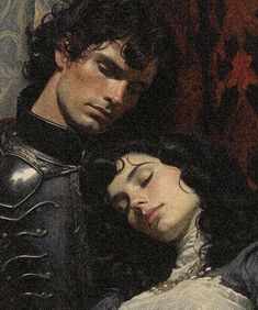 a painting of a man and woman laying next to each other with their eyes closed