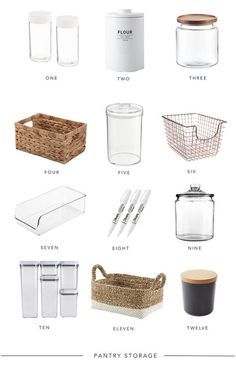 an image of kitchen items that are labeled in the word pantry storage on a white background