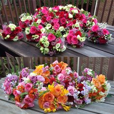 two pictures of different colored flowers on a wooden bench, one with pink and orange roses