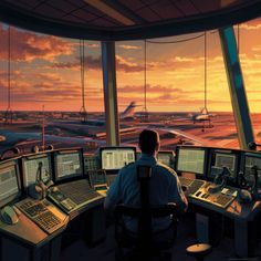 a man sitting in front of two computer monitors at an airport control room with planes on the tarmac