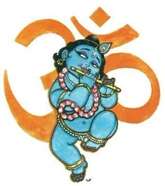 an image of a blue god playing the flute in front of om shanti symbol