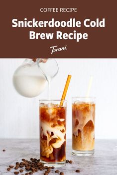 two glasses filled with iced coffee next to each other and the words, snickkerdoodle cold brew recipe