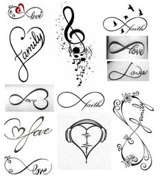 some kind of tattoo designs with hearts and music notes