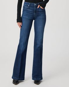 Genevieve is the perfect vintage-inspired, high-rise flare silhouette that gives your legs a long, lean look. Cut from our TRANSCEND VINTAGE denim in a bright dark wash with tonal thread, this pair has the look of authentic vintage denim but is incredibly comfortable with plenty of stretch and recovery. | Genevieve Flare Jean - Sail Away Blue | Size 23 Blue Flare Jeans, Men Store, Dark Denim Jeans, Denim Shoes, Dark Denim, Vintage Denim, Flare Jeans, Sailing, Denim Jeans