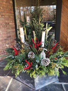 a christmas centerpiece with pine cones and evergreens