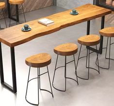 a counter with four stools in front of it