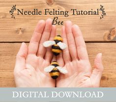 two hands are holding small bees made out of felt, with the words needle felting kit bee above them