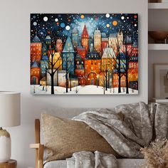 a living room scene with focus on the cityscape and trees covered in snow