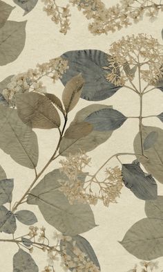 an image of leaves and flowers on a wallpaper pattern in beige, grey and blue