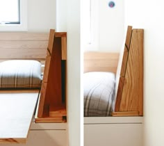 two pictures of a bed with a wooden headboard and foot board on the side