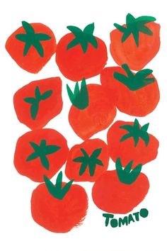 an image of tomatoes drawn in watercolor on white paper with the words tomato written below them