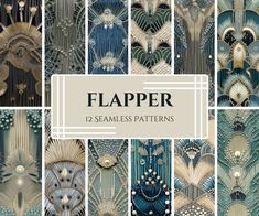 12 seamless patterns with the words flapper on them in gold, blue and green