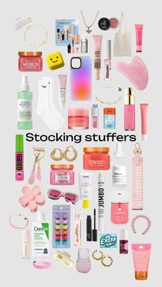 various items are arranged in the shape of a heart with text reading stocking stuffers