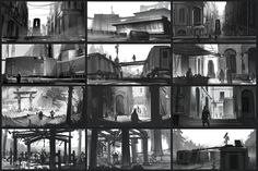 black and white images of people standing in front of buildings