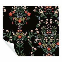 a black wallpaper with colorful flowers and birds on the top, along with white paper