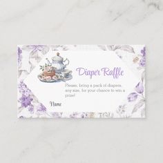 a business card for diaper raffle featuring a teapot with flowers on it