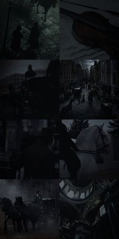 an image of people riding horses and carriages in the street at night with lights on