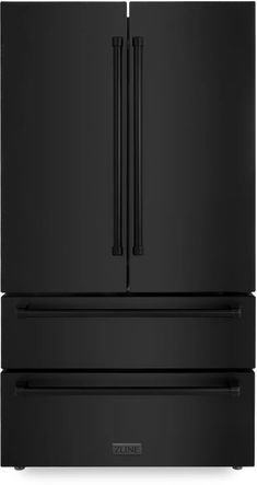 a black refrigerator freezer with two drawers and one door on the bottom, in front of