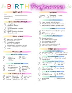 the birth checklist is shown in pink and blue, with rainbow writing on it