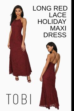 Look like a knockout in this long red lace holiday maxi dress. Can you imagine getting dress up cocktail party gowns for Christmas and New Year's Eve outfits on sale? Now's your chance to save. Why pay more when you can get shimmering winter festivity clothing and beautiful formal attire for ladies at affordable prices from TOBI. #shoptobi #holidaydresses #maxidresses #lacedresses Party Maxi Dress With Lace Back And Spaghetti Straps, Backless Maxi Dress With Lace Back For Formal Events, Backless Maxi Dress With Lace Back For Formal Occasions, Formal Backless Maxi Dress With Lace Back, Backless Lace Maxi Dress For Prom, Elegant Sleeveless Maxi Dress For Holiday, Sleeveless Holiday Maxi Dress For Date Night, Sleeveless Maxi Dress For Holiday Date Night, Sleeveless Maxi Dress For Date Night Holiday