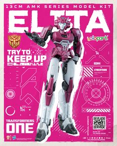 a pink and white poster with an image of a robot