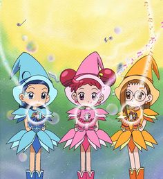 three cartoon characters standing next to each other in front of a sky with bubbles and confetti