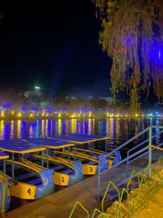 the boats are lined up on the dock by the water's edge at night