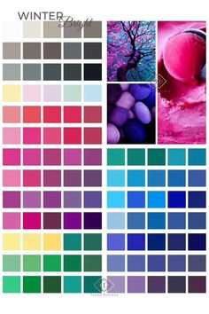 the color scheme for winter is shown in different colors and shapes, including pinks, blue