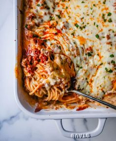 a casserole dish with meat, cheese and sauce