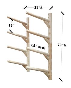 a wooden shelf with measurements for the top and bottom