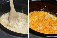 two pictures showing the process of making cheese and sauce in crock pot with wooden spoon