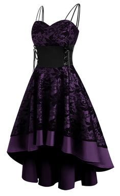 PRICES MAY VARY. High Quality Material - The vintage steampunk dress made of 65% Cotton and 35% Polyester, comfortable, breathable, elastic, durable,floral lace hollow stitching fabric, full of personality, fashion and elegance Spaghetti Strap Gothic Dress - Renaissance retro a-line dress, suspenders strap, adjustable waist lacing for a better fit, wrap v-neck, zipper closure, backless,swinging hem design,high low hem,waist-cinching design to show your figure curves and Elegance Gorgeous Asymmet Lace High Low Dress, Lace Bandage Dress, Dark Purple Dresses, Steampunk Dress, Vintage Steampunk, Bandage Dresses, Prom Dress Inspiration, Pretty Prom Dresses, Dresses Floral