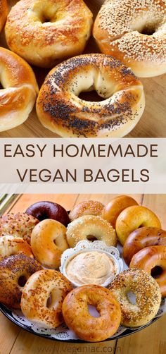 homemade vegan bagels in a basket on a table with the words easy homemade vegan bagels