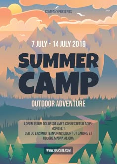 the summer camp flyer is shown with mountains and trees in the background, as well as an