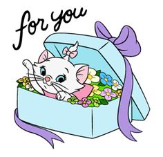 a white cat in a blue box with flowers on it and the words for you