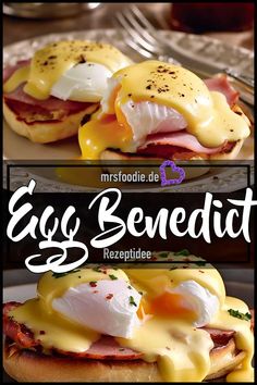 eggs benedict with ham and cheese on toasted english muffins for breakfast or brunch