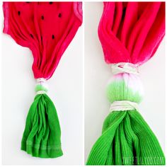 two pictures of watermelon and green tassels