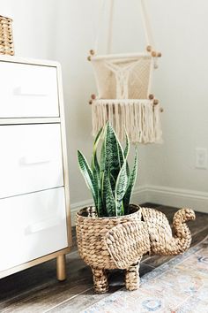 a small elephant planter sitting on top of a wooden floor next to a dresser