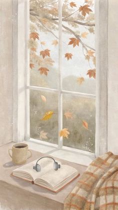 Cozy Art Wallpaper, Window Aesthetic Drawing, Wallpaper Backgrounds Autumn, Cosy Illustration, Backgrounds Autumn, Simplistic Wallpaper, Cozy Art, Adobe Illustrator Design, Bow Wallpaper