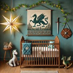 a baby's room decorated in blue and green with a dragon wall hanging above the crib