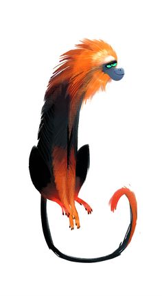 an animal with orange and black feathers on it's back legs, sitting in the air