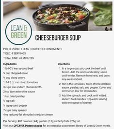 the recipe for lean and green cheeseburger soup is shown in this advert