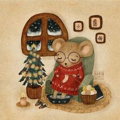 a painting of a mouse sitting in a chair next to a christmas tree and window