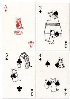 four playing cards with cats and dogs on them, all in black and white colors