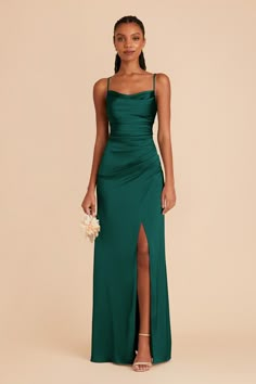 This matte satin cowl neck bridesmaid dress with ultra-glam ruching is ready for her day in the sun. Available in Emerald. A modern mermaid skirt and cool cowl neck join forces to bring you Lydia: a showstopping bridesmaid dress for a glamorous wedding. | Emerald Bridesmaid Dress Matte Satin Size Medium | Birdy Grey Lydia Cowl Neck Bridesmaid Dress, Emerald Bridesmaid Dress, Emerald Bridesmaid, Modern Mermaid, Green Satin Dress, Prom Dress Inspo, Emerald Bridesmaid Dresses, Emerald Dresses, Birdy Grey