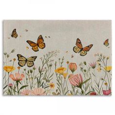 an image of butterflies flying in the sky above flowers and grass on a white background