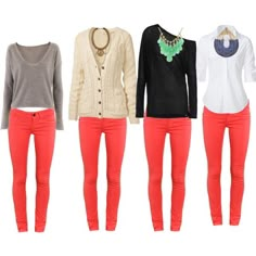 Outfits With Coral Pants, Coral Pants Outfit Work, Quoi Porter, Nail Fashion, Red Pants, Work Wardrobe